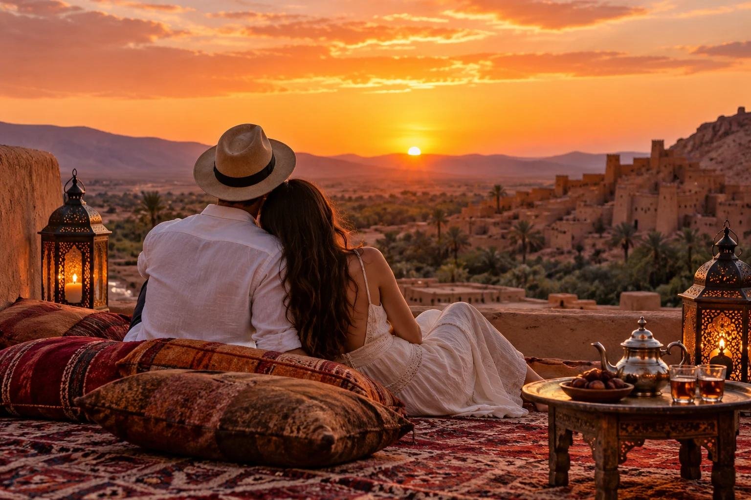 Una pareja en un viaje de lujo a Marruecos contemplando el atardecer sobre una kasbah y un palmeral