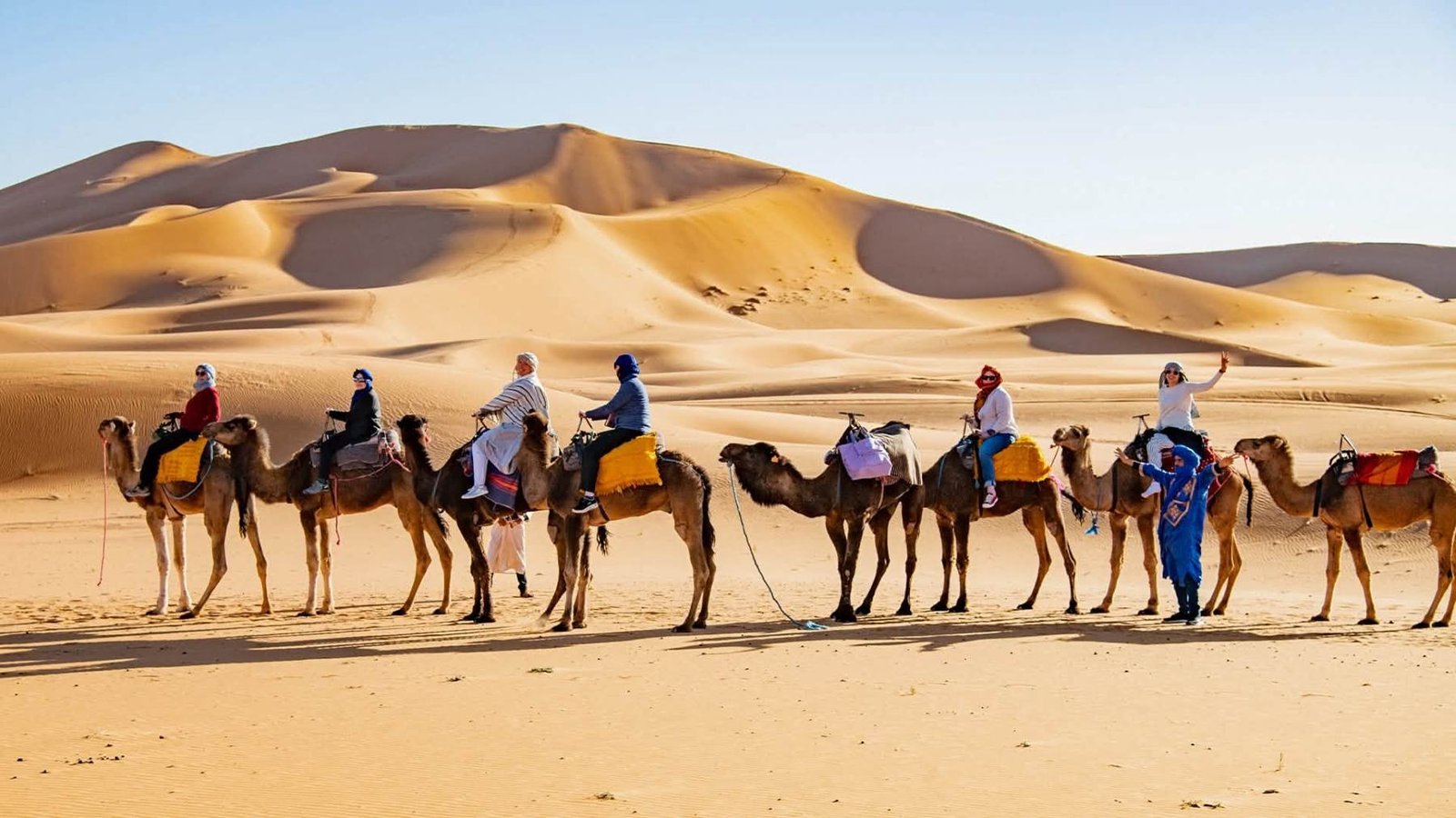 Caravana de camellos cruzando las dunas de Erg Chebbi en un viaje de lujo al desierto de Marruecos